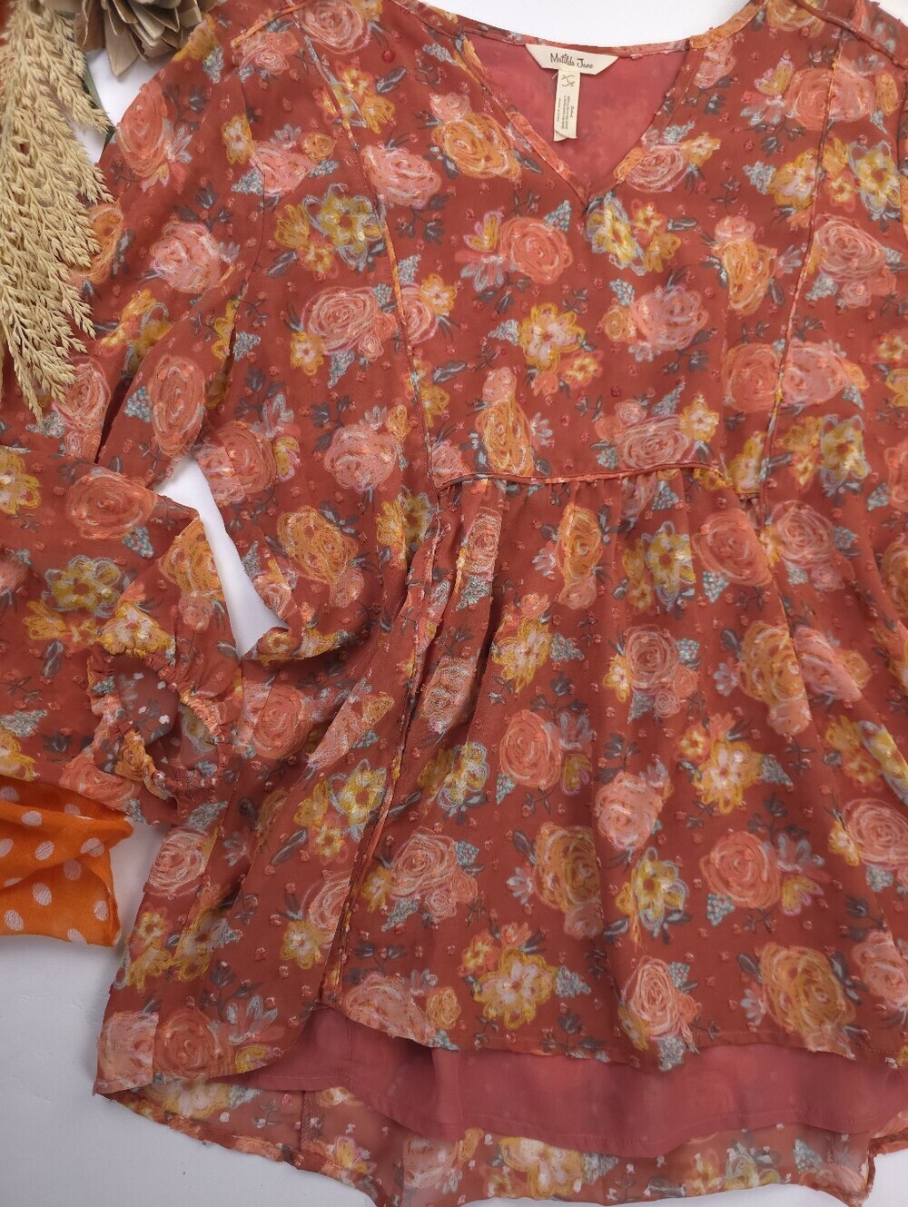 Matilda Jane Coral Floral V-Neck Blouse Sz L - Picture 2 of 11